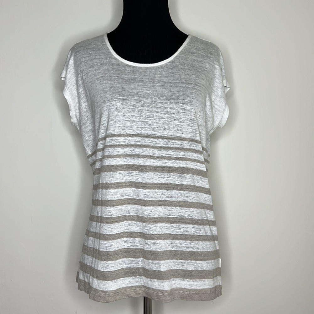 ST. TROPEZ Ivory/Tan Stripe Linen Top S